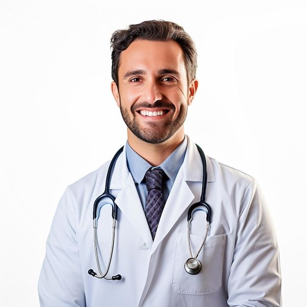 A male doctor wearing a white coat and tie, standing confidently with a stethoscope around his neck.